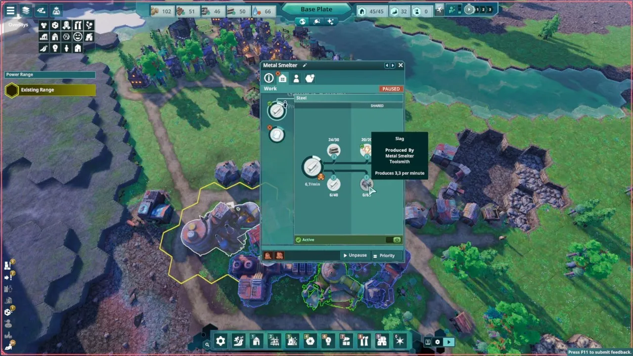 Beyond These Stars no output space: Metal Smelter panel with Slag storage full at 20/20 and production paused
