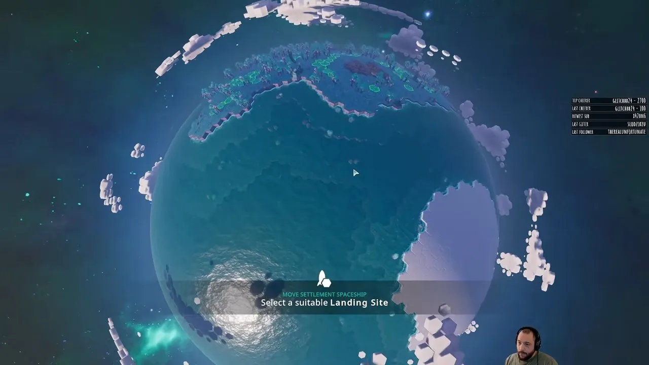 Beyond These Stars outposts lush planet with highlighted tiles and the landing-site selection prompt
