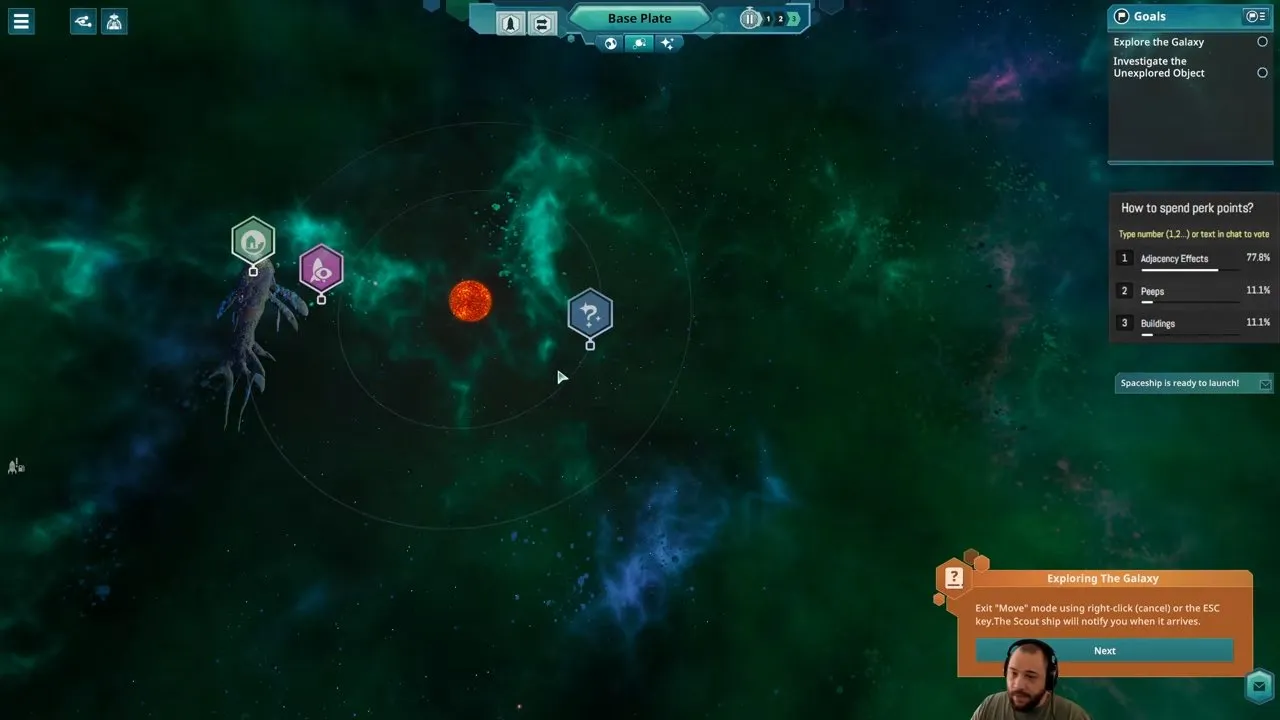 Beyond These Stars outposts space map with Kewa, a scout marker and a question-mark target