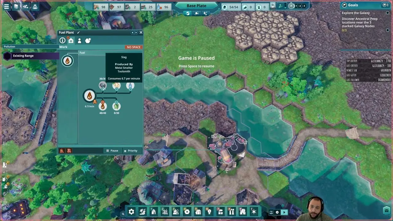 Beyond These Stars resources Fuel Plant Work panel with Slag tooltip and NO SPACE status