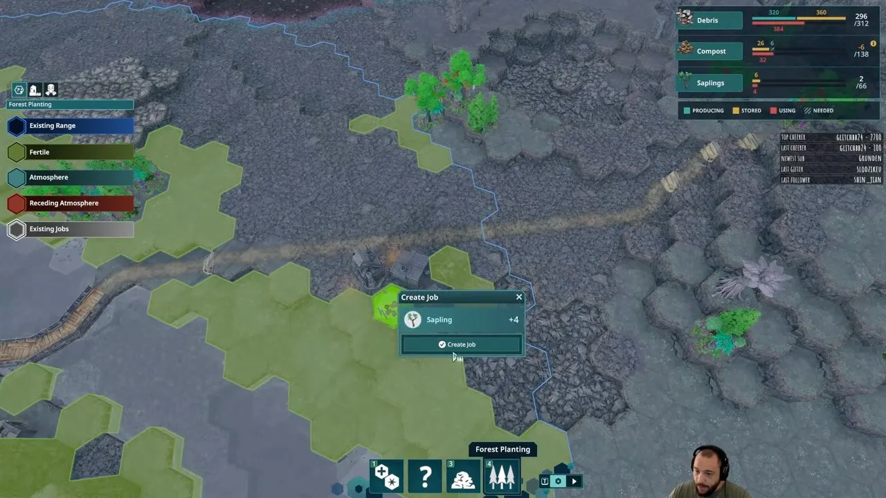 Beyond These Stars terraforming Forest Planting overlay with Sapling Create Job dialog