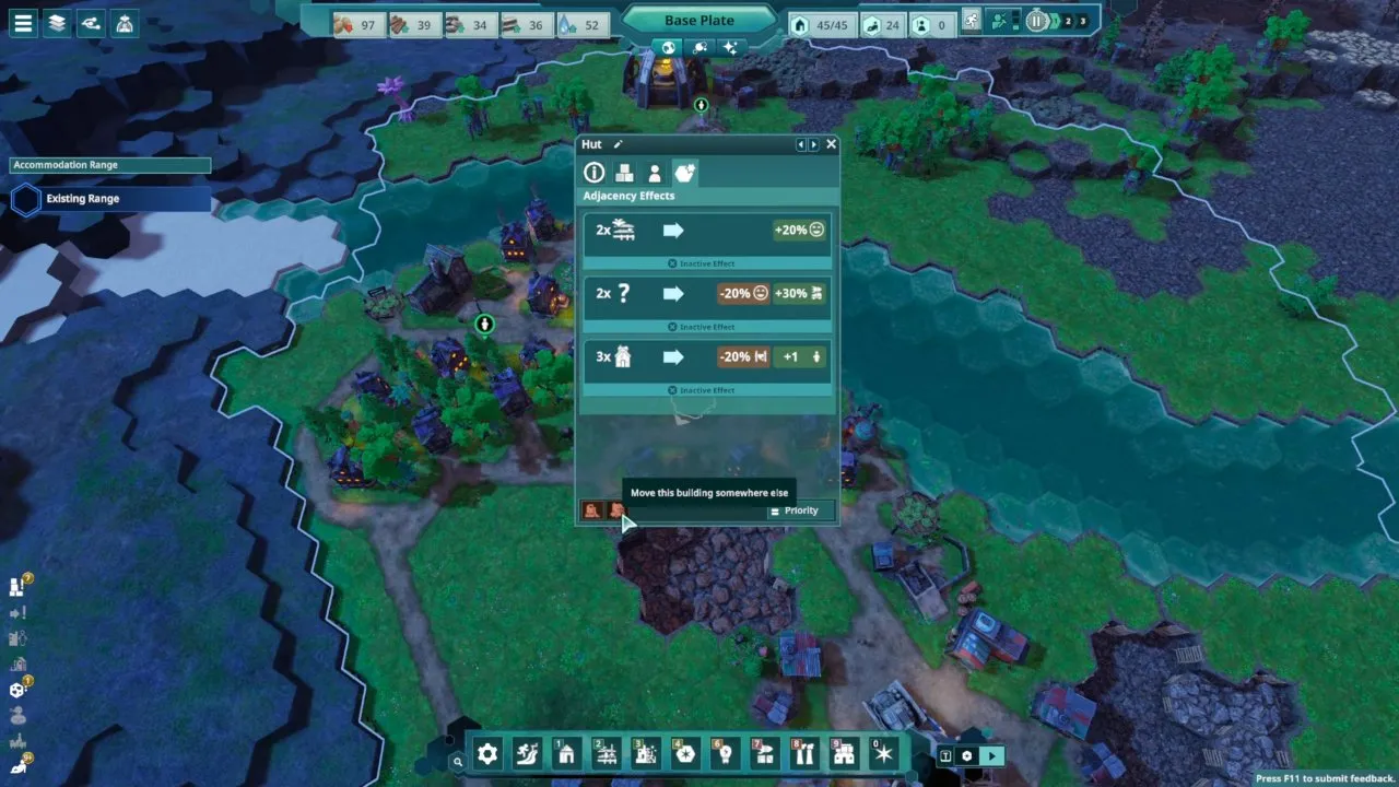 Beyond These Stars beginner tips: selected Hut with the move-building button tooltip