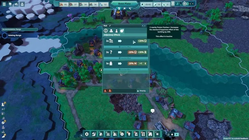 Beyond These Stars beginner tips: Hut Adjacency Effects panel and blue accommodation range beside the river